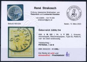 1850 1kr citrom MP "PETRINIA" (EUR 150,-) Certificate: Strakosch