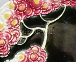 Schütz Cilli stílusú szecessziós virágos tányér garnitúra, jelzés nélkül, sérülésekkel, 5 darab, d: ...