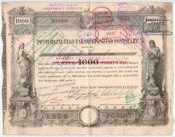 Budapest 1890. Pesti Hazai Első Takarékpénztár Egyesület névre szóló részvénye 100P-ről (eredetileg 1000Ft-ról), vízjeles papíron, szárazpecséttel, bélyegzésekkel T:F