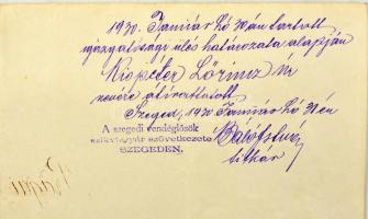 Szeged 1920. "Szegedi Szállodások, Kávésok, Vendéglősök és Korcsmárosok Ipartársulatának Szikvi...