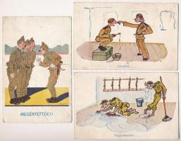 3 db régi magyar katonai humoros képeslap vegyes minőségben / 3 pre-1945 Hungarian military humour postcards in mixed quality