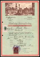 1940 Sopron, illetőségi bizonyítvány, fejléces illusztrált papíron, 1P és soproni városi illetékbélyeggel: 50f bélyeg 80f felülnyomással.