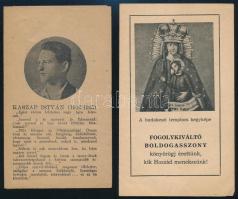 cca 1935-1940 Kaszap István (1916-1935) jezsuita novíciusról szóló kihajtható emlékprospektus. + 1945 Fogolykiváltó Boldogasszony szentkép és ima, kihajtható