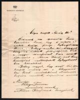 1903 Somló Sándor (1859-1916) színész, színházigazgató, a Nemzeti Színház igazgatójának saját kézzel írt levele, aláírásával Náday Ferenc (1840-1909) színművész részére, a nemzeti Színház fejléces papírján, benne értesítéssel, hogy érdemeiért Ferenc József-rend lovagkeresztjével tüntették ki.