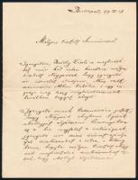 1899 Palásthy Géza (1869-1914) a Magyar Színház ellenőre, titkára saját kézzel írt levele, az igazgató Beöthy László kérésére, azonosítatlan színésznő részére, 1,5 beírt oldal, aláírással.