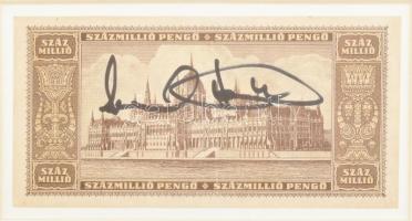 Havadtőy Sámuel (Sam Havadtoy) (1952-) festőművész, galériatulajdonos autográf aláírása százmmillió pengős bankjegyen. Üvegezett keretben