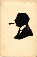 Silhouette art postcard, man with cigar (EK)