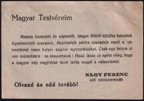 1947 Magyar Testvéreim Nagy Ferenc volt miniszterelnök felhívása, kérve a 47-es választásról történő távolmaradást, jó állapotban