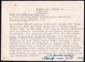 1945 A Magyarországi Zsidók Deportáltakat Gondozó Országos Bizottsága német nyelvű gépelt, pecsételt...