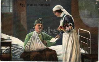 1915 Egy levélke hazulról / WWI Austro-Hungarian K.u.K. military art postcard, letter from home, injured soldier with nurse (lyukak / pinholes)