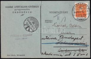 1937 Asztalos György erdőbényei gyógyszerész üzleti levelezőlapja a hegyaljai vargánya gomba árajánlatával, jó állapotban