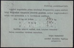 1937 Asztalos György erdőbényei gyógyszerész üzleti levelezőlapja a hegyaljai vargánya gomba árajánl...