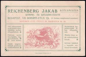 cca 1910 Bp. VII. Dohány utca, Reichenberg Jakab szőrme- és szűcsáru üzletének dekoratív reklámkartonja, szép állapotban