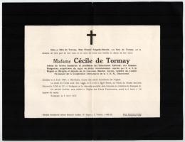 1937 Tormay Cécile (1875-1937) írónő, műfordító francia ny. gyászjelentése, hajtásnyomokkal, apró foltokkal, apró lapszéli szakadással.