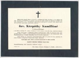 1965 Kárpáthy Kamillóné sz. Balázsovich Margit, vitéz Kárpáthy Kamilló (1876-1952) tábornok, a Magyar Királyi Honvédség vezérkari főnöke övegyének gyászjelentése, Kossuth Lajos Gábornak postázva, hajtásnyomokkal