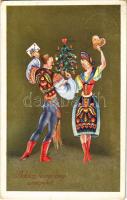 1938 Boldog karácsonyi ünnepeket / Christmas greeting art postcard, Hungarian folklore (EK)