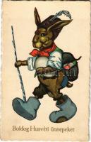Boldog húsvéti ünnepeket / Easter greeting art postcard, rabbit with eggs (ázott sarok / wet corner)