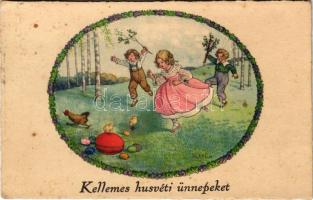 1937 Kellemes húsvéti ünnepeket / Easter greeting art postcard, children with eggs and chicken. ERIKA Nr. 2040. s: Pauli Ebner (fl)