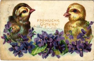 1907 Fröhliche Ostern! / Easter greeting art postcard, chicken. Floral, litho (EM)