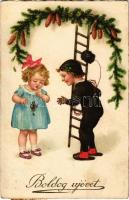 Boldog Újévet / New Year greeting art postcard, chimney sweeper (fl)