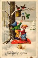 1947 Boldog Újévet / New Year greeting art postcard, dwarves with mushroom, clovers and horseshoe (EK)