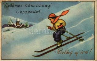 1950 Boldog Újévet / New Year greeting art postcard, winter sport, ski (fl)