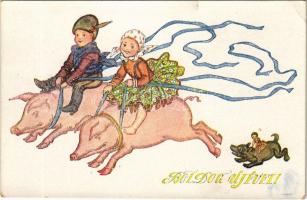 1950 Boldog Újévet / New Year greeting art postcard, Hungarian folklore. Országos Anya- és Csecsemővédő Egyesület 933. s: Undi Mariska (EK)