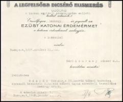 1917 Ezüst katonai érdemérem a katonai érdemkereszt szalagján a kardokkal adományozó oklevél, fejléc...