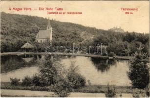 Tátralomnic, Tatranská Lomnica (Magas-Tátra, Vysoké Tatry); Tó részlet az evangélikus templommal. Kuszmann Gyula kiadása / lake, Lutheran church (EK)