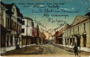 1918 Pöstyén, Piestany; Ferenc József út, üzletek. Adler Mór kiadása / street view, shops (fa)