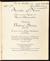 Richard Strauss: Ariadne auf Naxos. Oper in einem Auszuge von Hugo von Hofmannsthal. Musik von - - Op. 60. Berlin-Paris, 1912., Adolph Fürstner. Átkötött félvászon-kötés, kopott borítóval, ajándékozási sorokkal, sérült gerinccel.