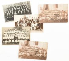 cca 1920-40 össz. 5 db magyar iskolai csoportkép, többségében szárazbélyegzővel v. pecséttel jelzett: Medgyesegyháza, Lakata Pál (2 db uyganazon csoportról), Fridrich Szentes, fotólap 9x14 cm