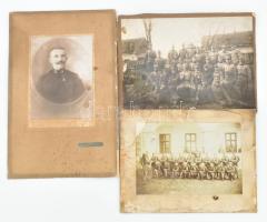 cca 1914-18 I. világháborús magyar katonaportré és csoportképek, részben kitüntetéssel dekorált, össz. 3 db keményhátú fotó, egyiken tüzérségi ágyúval és hátoldalán datált (1916.III.28), mind sérült, 16,5x22 és 27,5x18 cm közötti méretekben