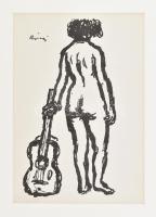 Rippl-Rónai József (1861-1927): Akt gitárral. Cinkográfia, papír, jelzett a cinkográfián, paszpartuban, 25×17 cm