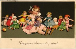1914 Püppchein klein, artig sein! / Babák / Dolls. Meissner & Buch Künstler-Postkarten Serie 2000. Puppenmütterchen litho