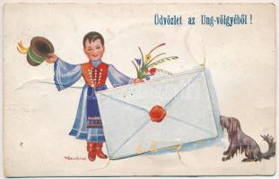 1940 Ung-völgye, Uzh valley; Magyar népviseletes leporellolap / Hungarian folklore leporellocard s: Klaudinyi (szakadások / tears)