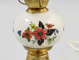 Lengyel asztali lámpa, fajansz testtel, tejüveg búrával, kopásokkal, jelzett, nem kipróbált, m: 30,5...