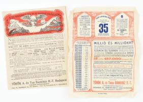 cca 1920-1930 Török A. és Társa Bankház 2 db szerencsejáték prospektusa, az egyik gyűrött, viseltes, a másikon hajtásnyomok.