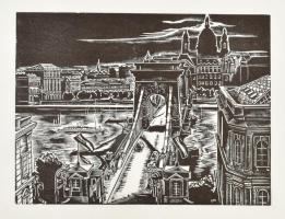 Varga Mátyás (1910-2002): Lánchíd, Budapest. Fametszet, papír, jelzett a metszeten, 18×24 cm