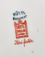 Hüttl Tivadar Budapest virágmintás tányér, pereménél körbefutó dombormintával, aranyozással, kézzel ...