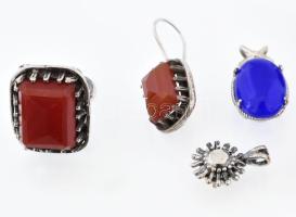 Ezüst (Ag) nagy ékszer tétel féldrágakövekkel (korall, gyökér rubin, stb.), bruttó: 104,6 g