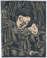 Molnár C. Pál (1894-1981): Anya gyermekével. Fametszet, papír, jelzett a dúcon, kartonra ragasztva, körbevágva, 13,5x11 cm