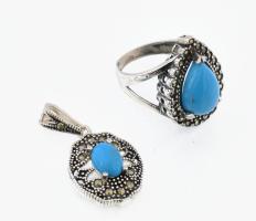 Ezüst (Ag) kék köves gyűrű és medál, jelzéssel és jelzés nélkül, bruttó: 7,5 g