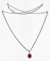 Ezüst (Ag) nyaklánc piros köves függővel, jelzett, h: 46 cm, bruttó: 6,1 g