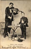 1903Valami jutott eszembe, Frisset, vígat most izibe. Cigány muzsikus és katona gyerek pezsgővel / Hungarian folklore, Gypsy musician and soldier boy with champagne (EB)