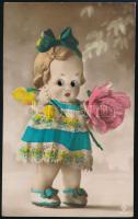 Doll with flowers. Mechanical postcard with moving eyes