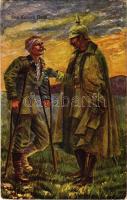 1916 Das Kaisers Dank / WWI German military art postcard with Emperor Wilhelm II and injured soldier + "K.u.K. Infanterieregiment Hoch- und Deutschmeister Nr. 4. 3. Feldkompagnie" (EK)