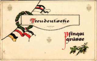 Treudeutsche Pfingstgrüsse / WWI Austro-Hungarian K.u.K. and German military art postcard with Pentecost greetings and patriotic propaganda + "K.u.K. Werkkommando Lusern" (EK)