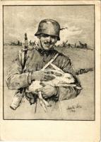 Húsvéti üdvözlet / WWII Hungarian military field postcard, Easter greeting, soldier with rabbit s: Markó Lajos (EB)