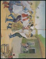 Csárdás, magyar folklór. 2-részes kihajtható panorámalap / Hungarian folklore, traditional dance. 2-tiled folding panoramacard (hajtásnál szakadt / torn at fold)